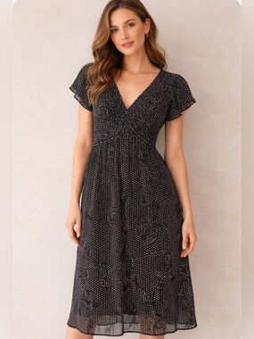 Max Studio Black White Polka Dot Ruffle Dress Floral M Parisian